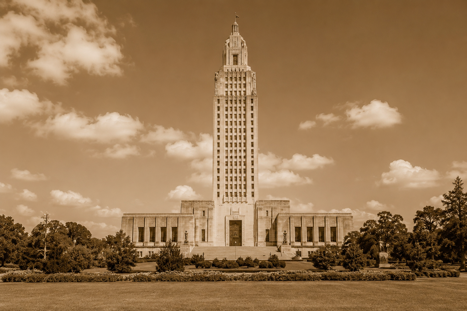 The Louisiana State Capitol building in Baton Rouge, shown in warm sepia tones